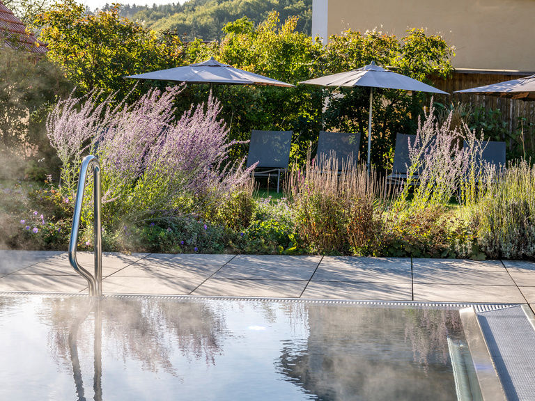 Ein Poolausstieg des Landhotel Weißen Roß vor einer gemütlichen Liegenzeile mit Büschen umsäumt