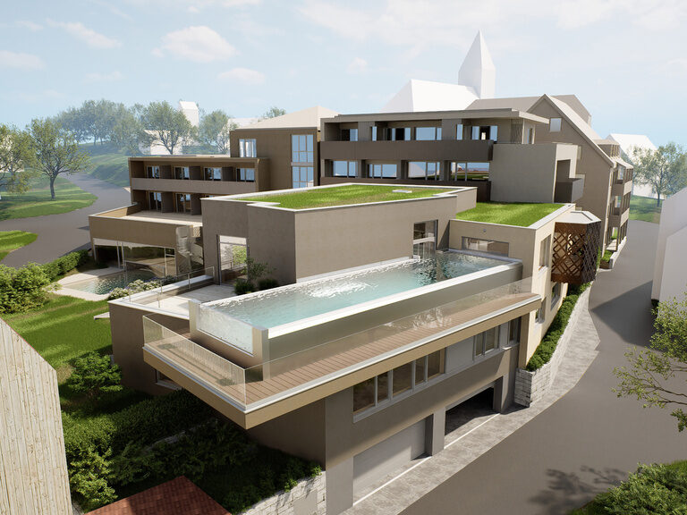 Ein modernes Haus mit Pool in einem großzügigen Wohngebiet - 3d Rendering