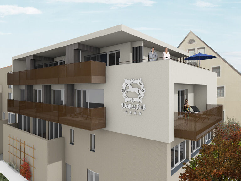 Ein. 3d Rendering des Hotels mit dem großen Logo auf der Seitenwand