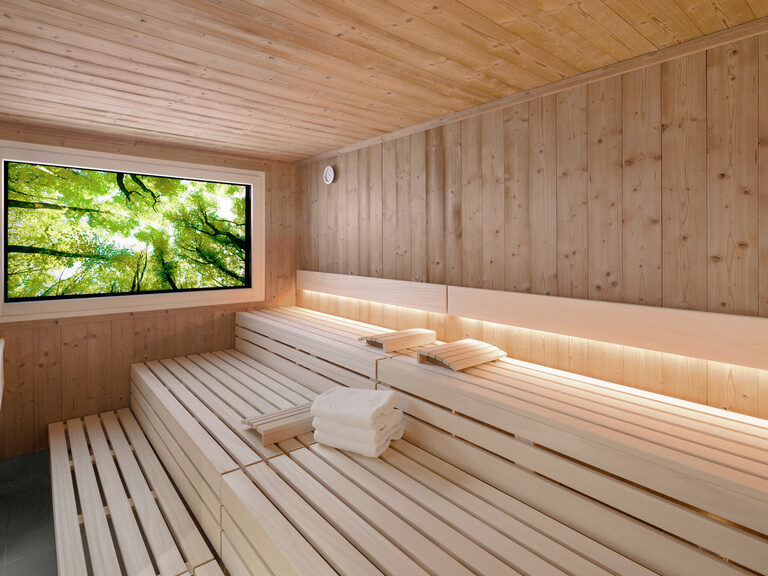 In der Aromasauna des Wellnesshotels sorgen Lautsprecher und ein Bildschirm für die richtige Atmosphäre