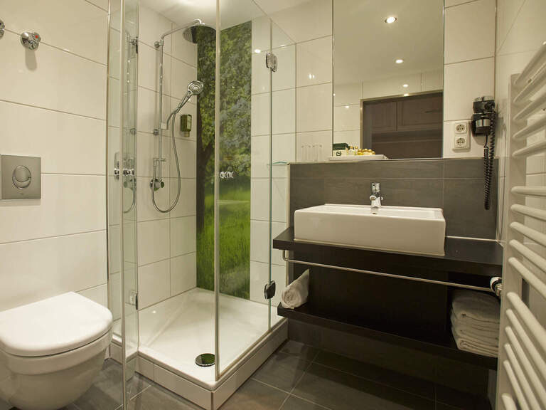 Das moderne Badezimmer bietet alles notwendige und ein schönes Bild in der Dusche